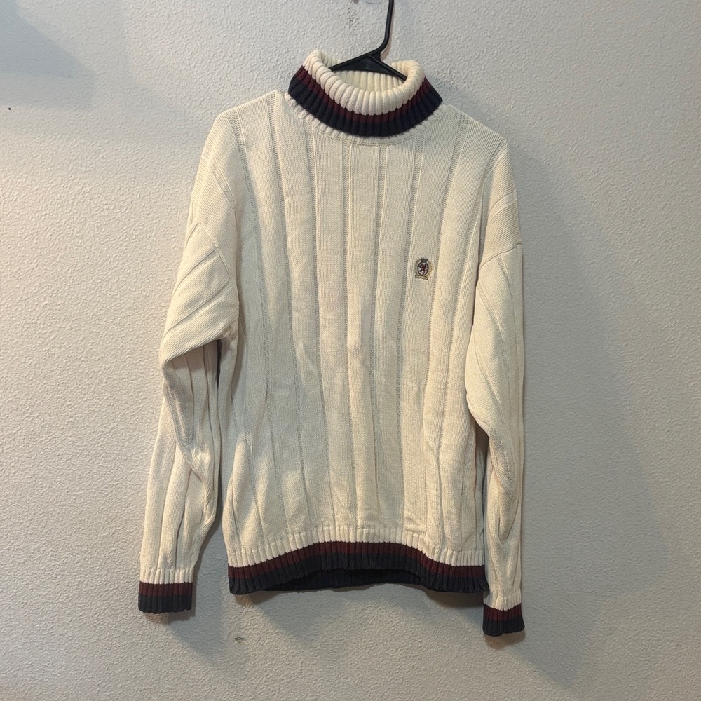 VTG Tommy Hilfiger Cream Turtleneck Sweater with Blue and Red Trim